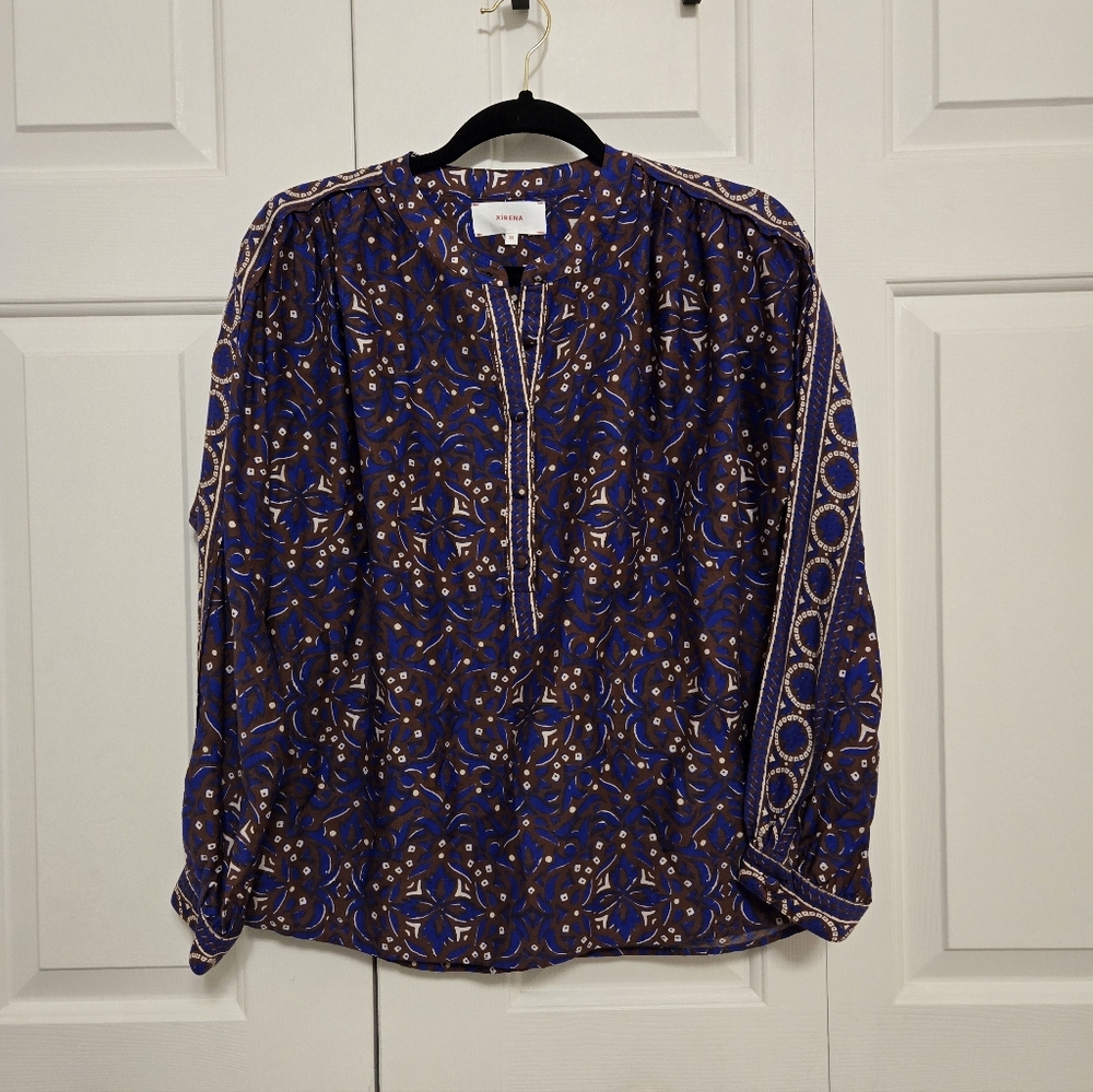 Xirena Womens Royal Brown Arden Silk Blend Long Sleeve Blouse Size XS